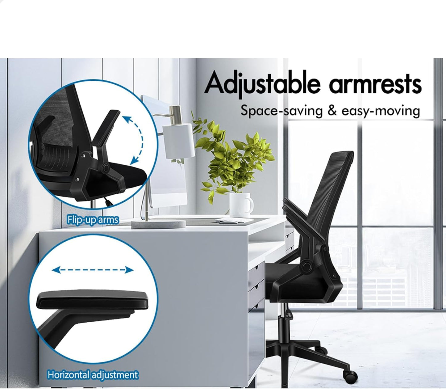 Ergonomic Mesh Office Chair for Home Office, Mid-Back Student Computer Study Desk Chair with Adjustable Flip-Up Arm & Lumbar Support, Gaming Racing Task Chair, Conrad All Black