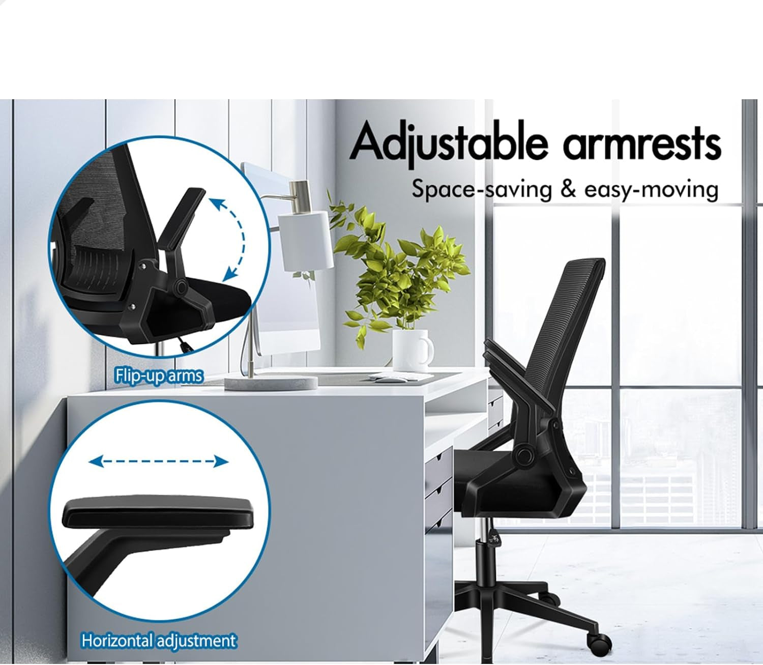 Ergonomic Mesh Office Chair for Home Office, Mid-Back Student Computer Study Desk Chair with Adjustable Flip-Up Arm & Lumbar Support, Gaming Racing Task Chair, Conrad All Black