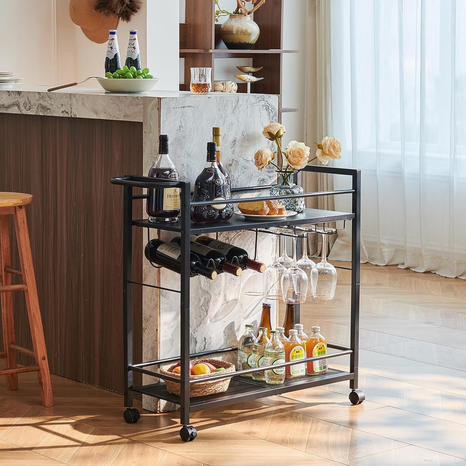 Black Bar Trolley with Wheels, Modern Bar Cart with Storage Space, Wine Trolley with Wine Rack and Wine Glass Holder for Kitchen, Living Room & Dining Room