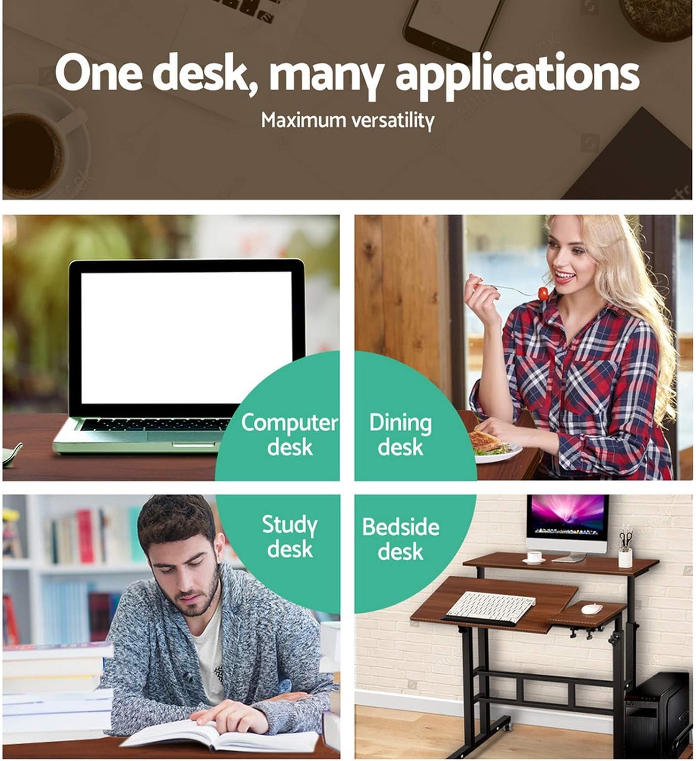 Laptop Table, Adjustable Stand Desk Desktop Computer Standing Study Desks Bed Side Tables Home Office Travel Studio Furniture, Portable 360° Rotating Lockable Caster Wheels Dark Wood