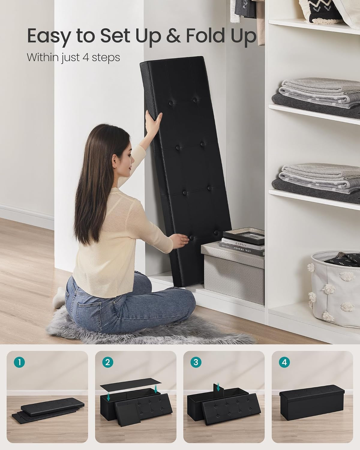 43 Inches Folding Storage Ottoman Bench, Storage Chest, Footrest, Coffee Table, Padded Seat, Faux Leather, Holds up to 660 Lb, Black ULSF701
