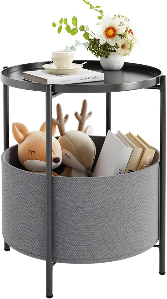 End Tables with Fabric Storage Basket, round Sidetables Bedroom, Lamp Table, Spacious Metal Small Bedside Table Nightstand with Removable Tray for Living Room, Nursery, Laundry