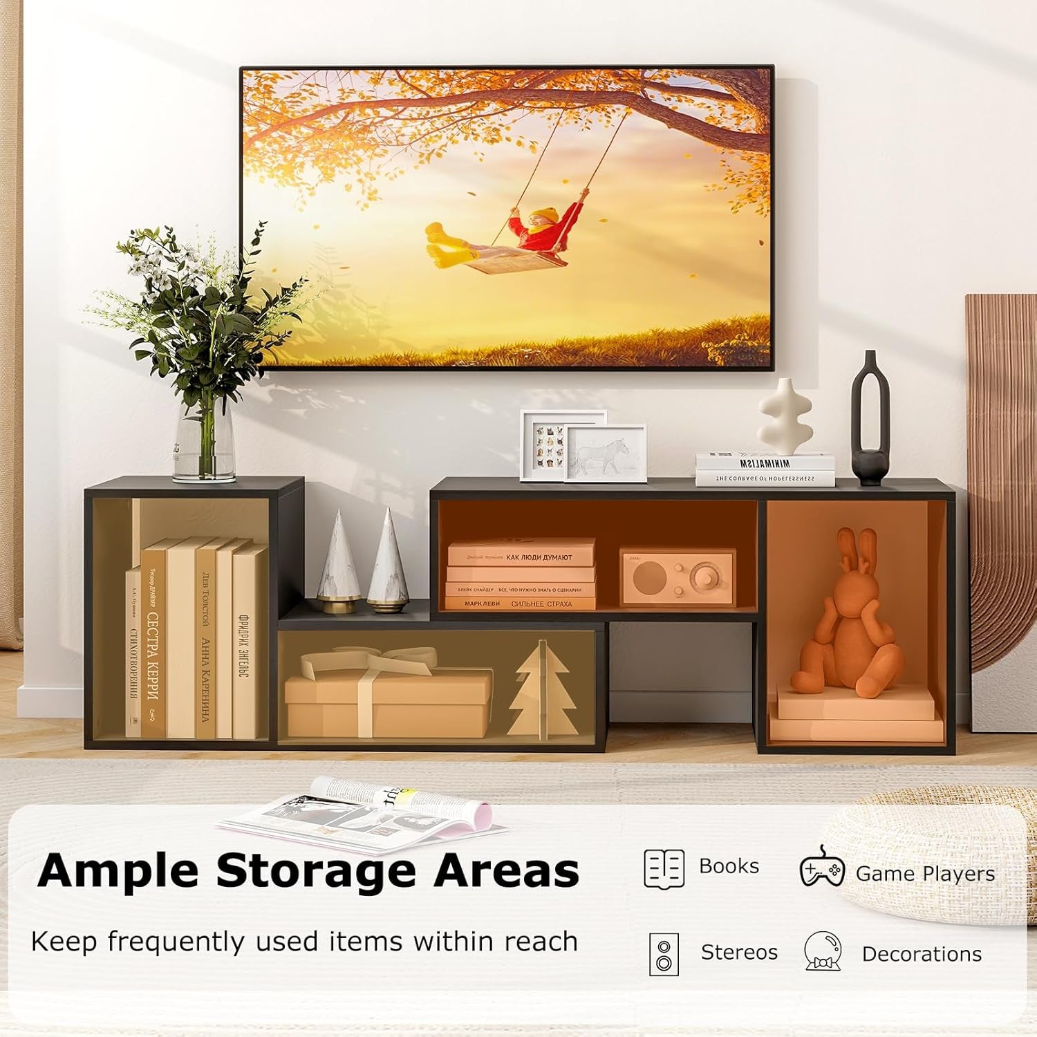 Wood TV Stands, 2 PCS TV Console Cabinets for Tvs up to 55 Inches, TV Table Display Stand for Free Combination and Expansion Home Living Room Furniture (Black)