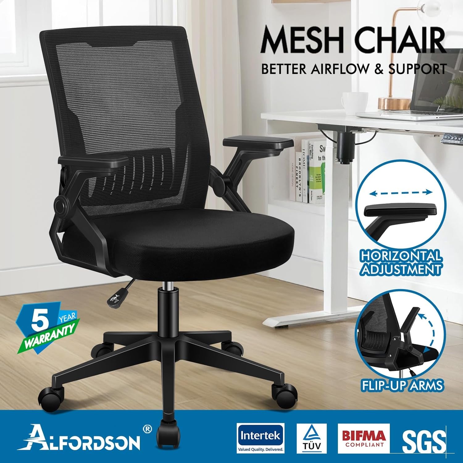 Ergonomic Mesh Office Chair for Home Office, Mid-Back Student Computer Study Desk Chair with Adjustable Flip-Up Arm & Lumbar Support, Gaming Racing Task Chair, Conrad All Black