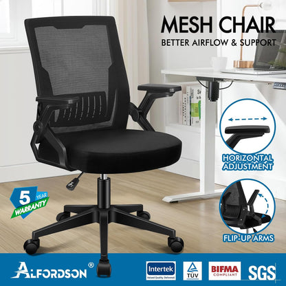 Ergonomic Mesh Office Chair for Home Office, Mid-Back Student Computer Study Desk Chair with Adjustable Flip-Up Arm & Lumbar Support, Gaming Racing Task Chair, Conrad All Black