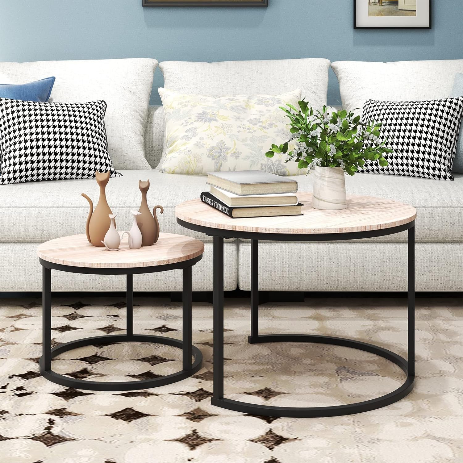 round Nesting Coffee Table Modern Furniture Nesting Side Set of 2 Stacking Side Tea Table End Table for Living Room Balcony Office with Sturdy Metal Frame, Easy Assembly