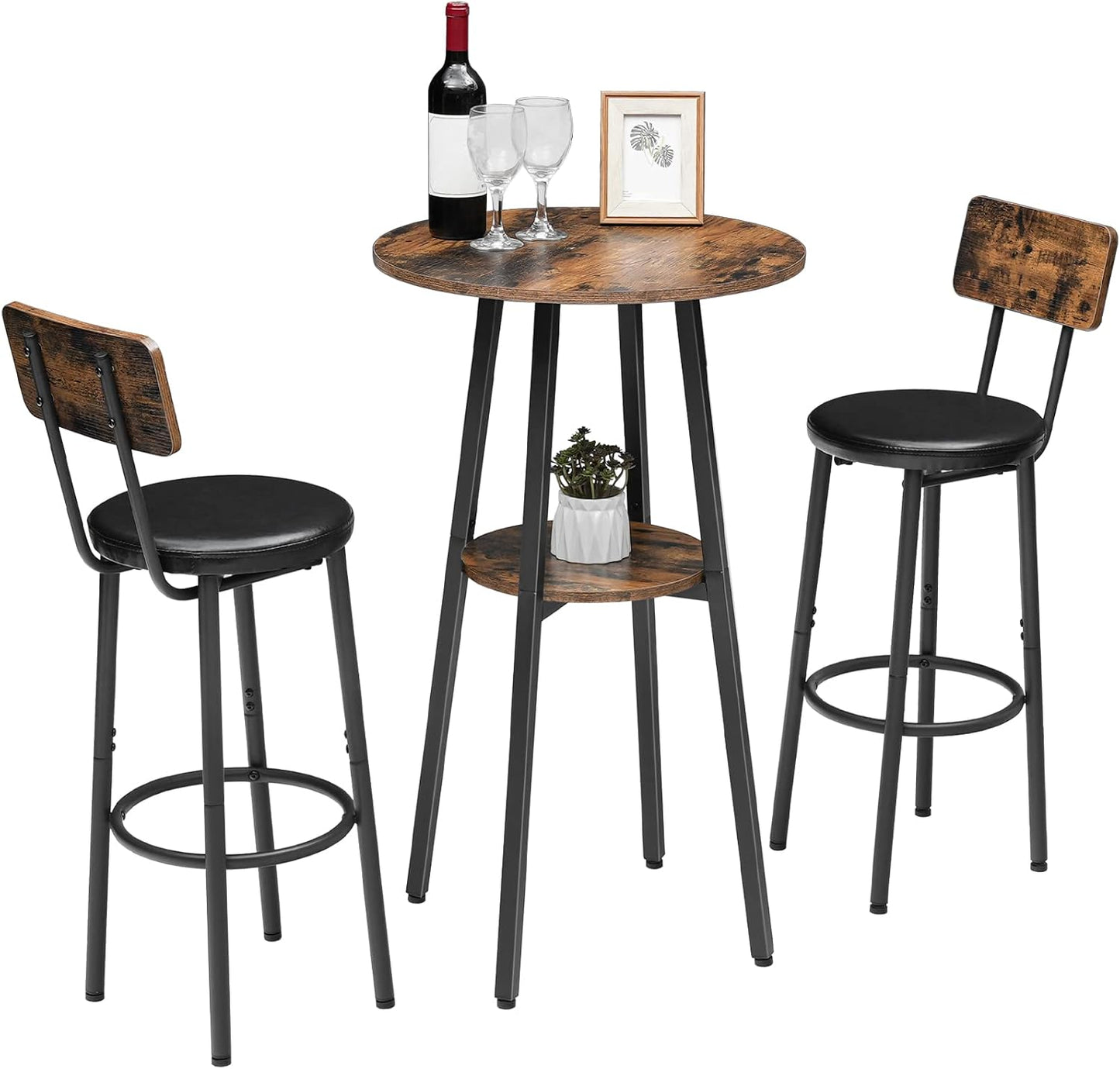 Bar Table, round 2-Tier Bistro Table with Storage, 95 Cm High Top for Small Spaces and Kitchen, Top Particleboard, Easy to Assemble, Rustic Brown BF55BT01