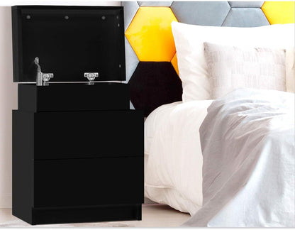 Bedside Table Black with 2 Drawers and Lift up Storage Nightstand, Bedroom Living Room Home Furniture, Bed End Side Cabinet Narrow Space Organiser Unit