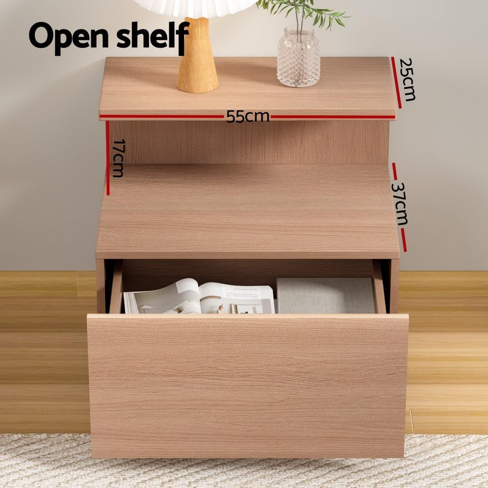 Bedside Table with Drawer, Wooden Bed Side Tables Storage Chest of Drawer Dresser Nightstand Stand Cabinet, Bedroom Living Room Home Furniture Organiser, with Open Shelf Pine