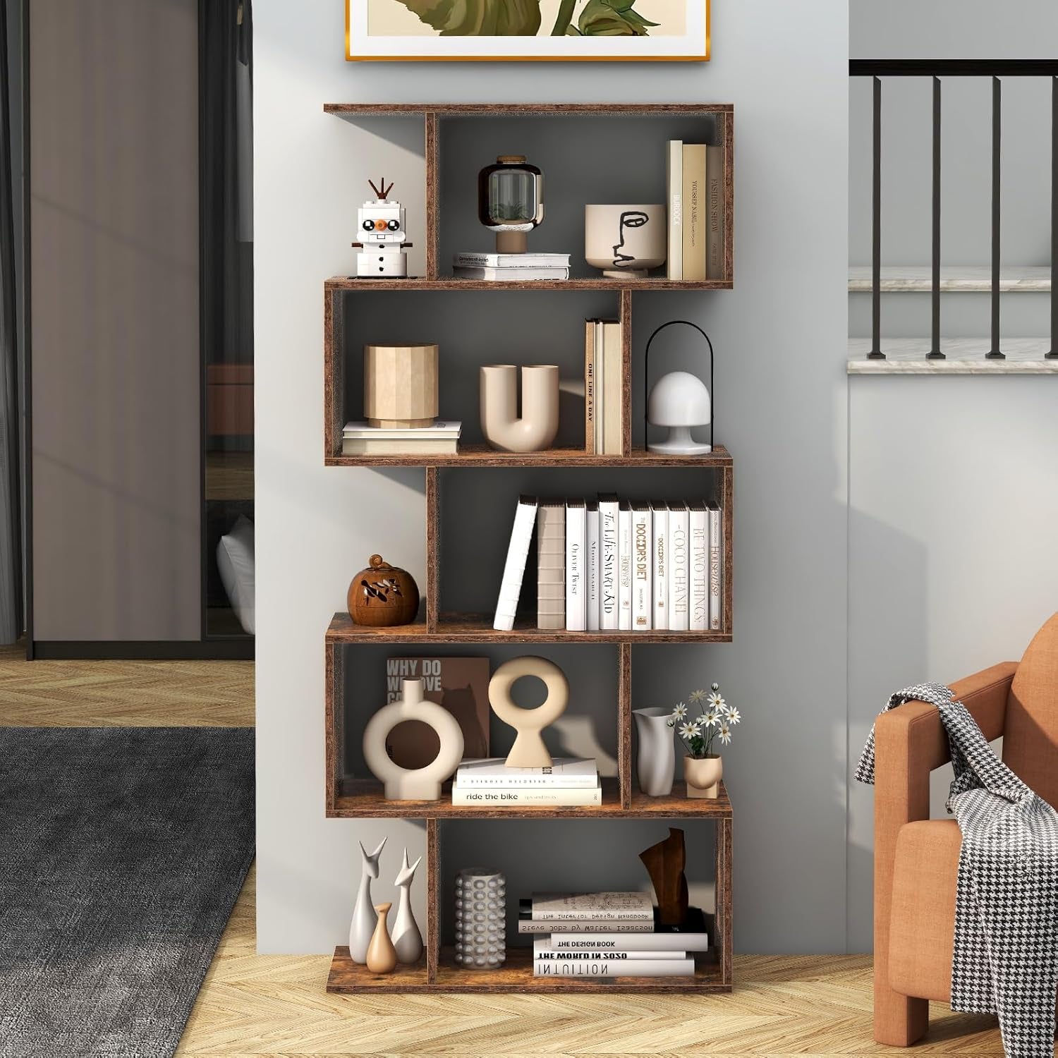 5-Tier Bookshelf, Geometric S-Shaped Bookcase W/Anti-Toppling Device, Freestanding Industrial Decorative Display Shelf, Storage Shelving for Living Room Home Office (Rustic Brown)