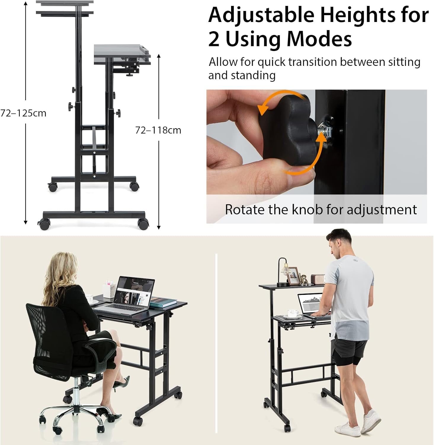Mobile Stand up Computer Desk, Rolling Standing Laptop Cart with 2 Tilting Desktops, Sitting or Standing Modes, Height Adjustable Home Office Workstation (Black)
