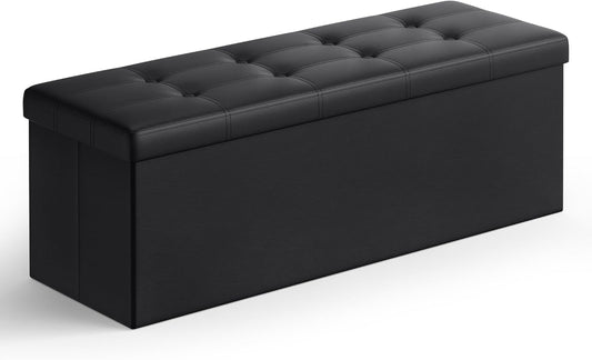 43 Inches Folding Storage Ottoman Bench, Storage Chest, Footrest, Coffee Table, Padded Seat, Faux Leather, Holds up to 660 Lb, Black ULSF701
