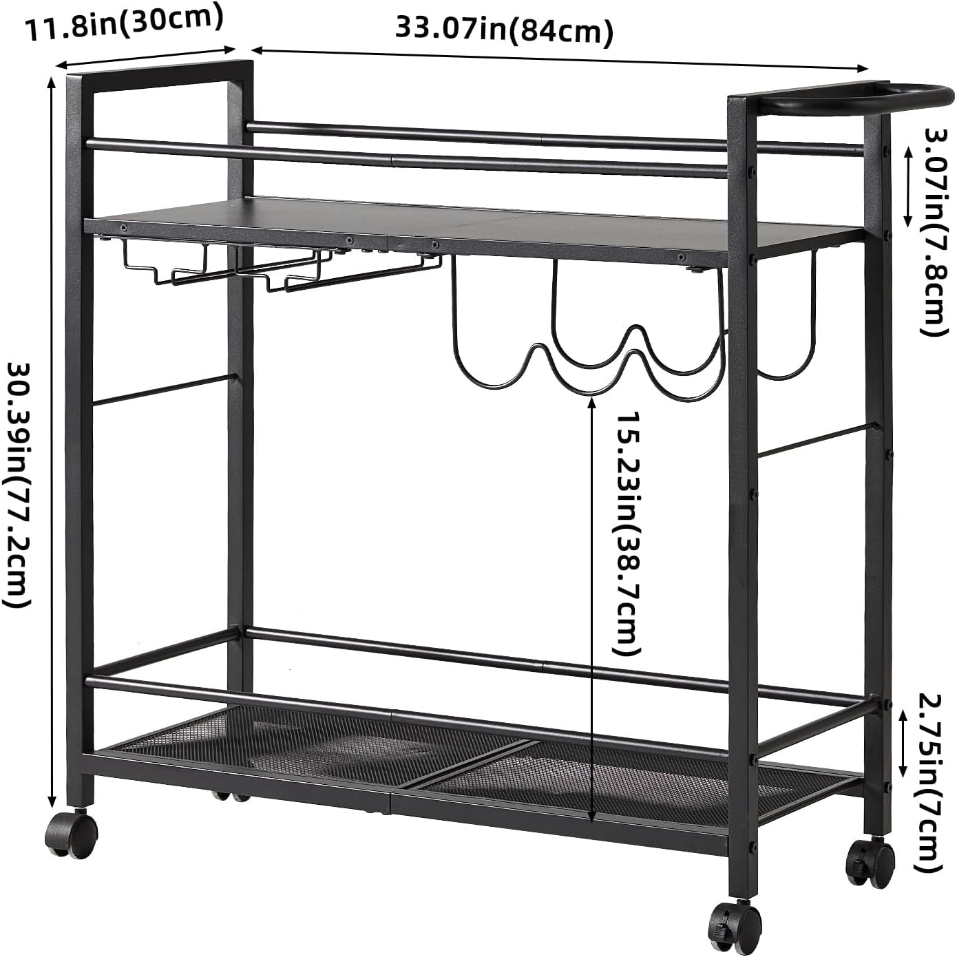 Black Bar Trolley with Wheels, Modern Bar Cart with Storage Space, Wine Trolley with Wine Rack and Wine Glass Holder for Kitchen, Living Room & Dining Room