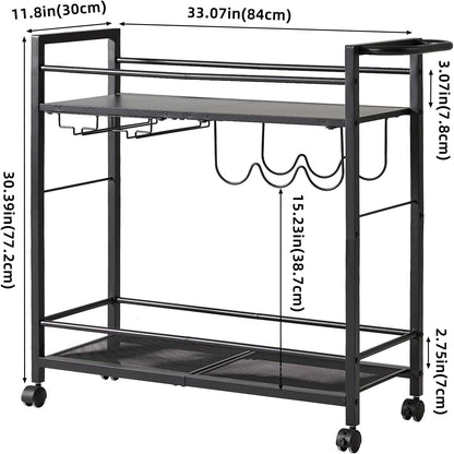 Black Bar Trolley with Wheels, Modern Bar Cart with Storage Space, Wine Trolley with Wine Rack and Wine Glass Holder for Kitchen, Living Room & Dining Room