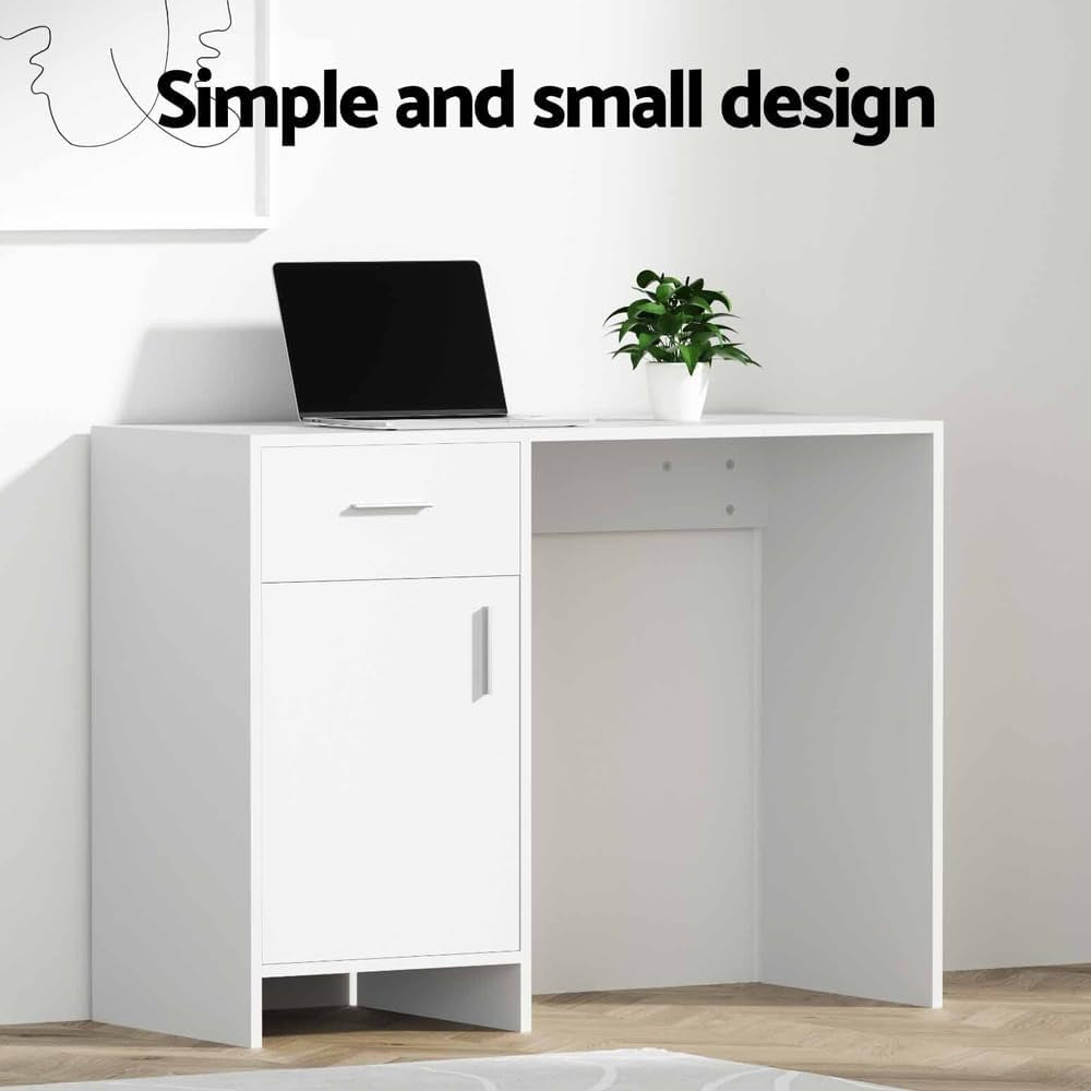 Computer Desk 100Cm White Desktop Office Laptop Desks Study Student Table, Home Furniture for Room Bedroom, with Drawer Cabinet Anti-Rust Metal Runners