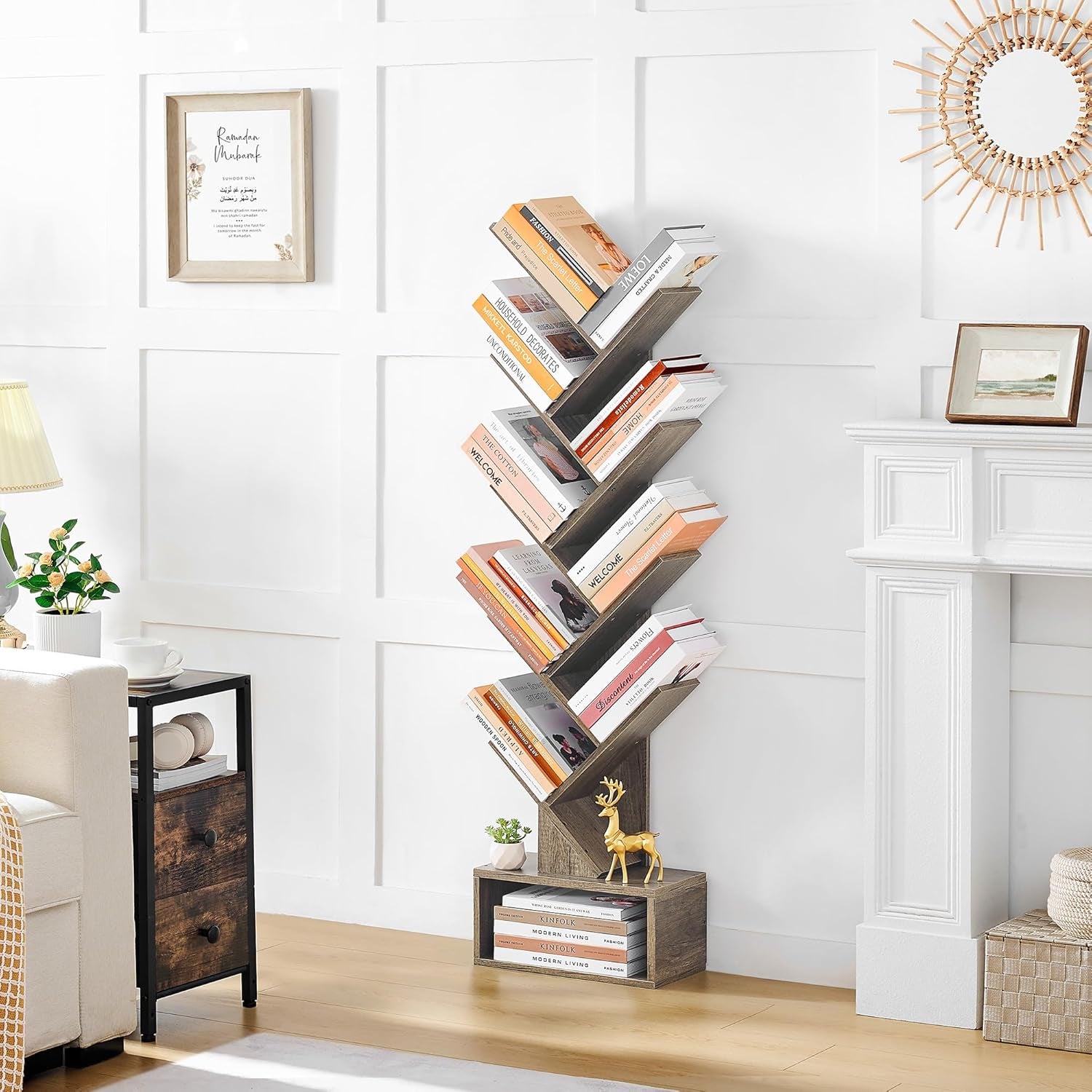 9 Tier Tree Bookshelf, Tall Bookcase with Drawer, Wood Book Shelf, Modern Floor Standing Bookshelves, Book Organizer Shelves for Bedroom, Living Room, Home Office, Greige