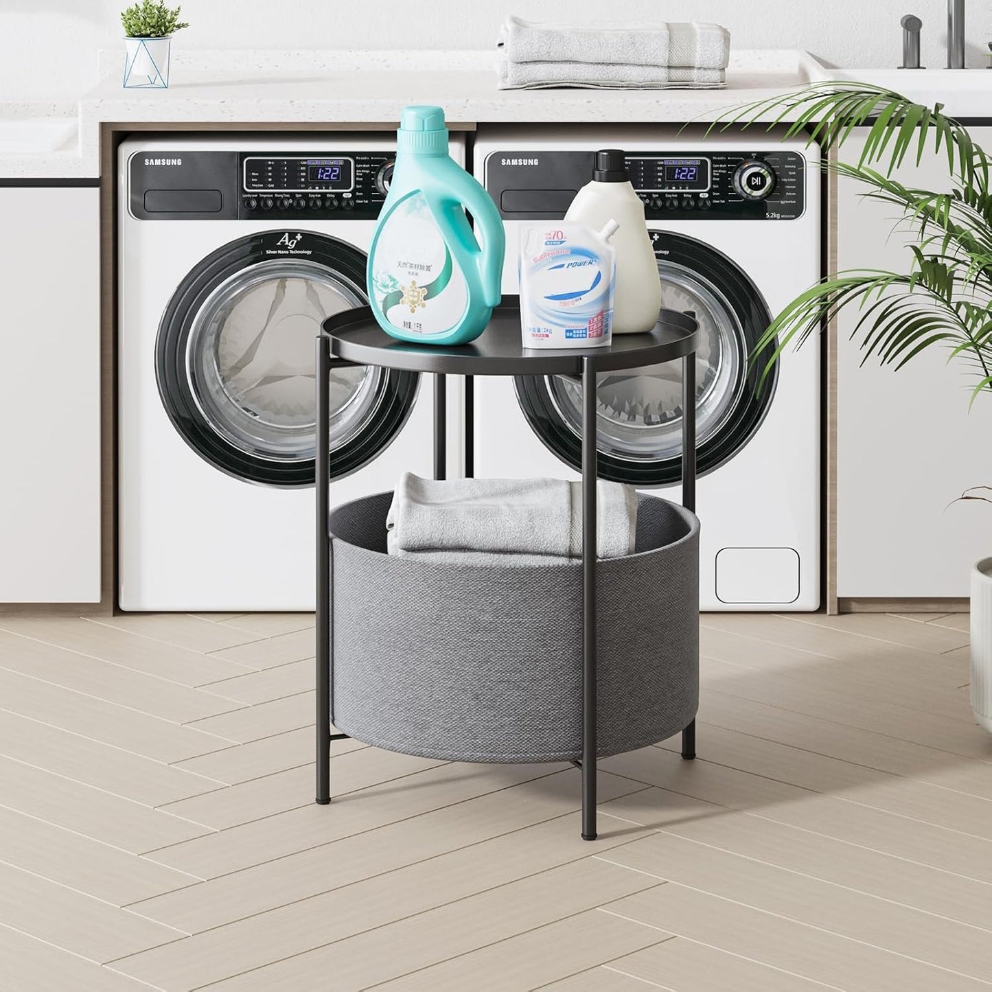 End Tables with Fabric Storage Basket, round Sidetables Bedroom, Lamp Table, Spacious Metal Small Bedside Table Nightstand with Removable Tray for Living Room, Nursery, Laundry