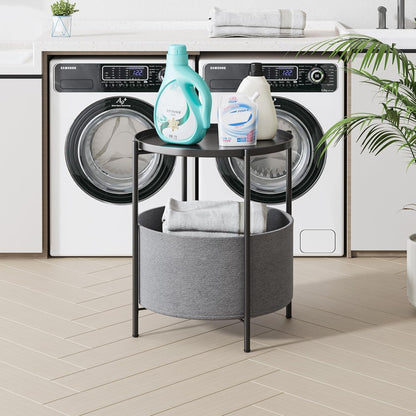 End Tables with Fabric Storage Basket, round Sidetables Bedroom, Lamp Table, Spacious Metal Small Bedside Table Nightstand with Removable Tray for Living Room, Nursery, Laundry