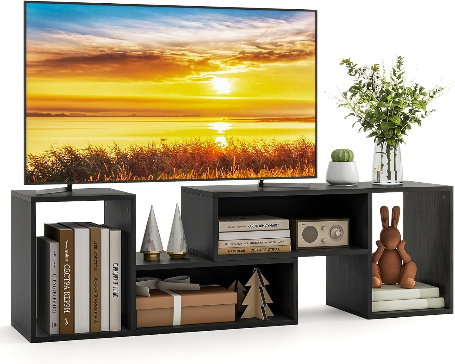Wood TV Stands, 2 PCS TV Console Cabinets for Tvs up to 55 Inches, TV Table Display Stand for Free Combination and Expansion Home Living Room Furniture (Black)