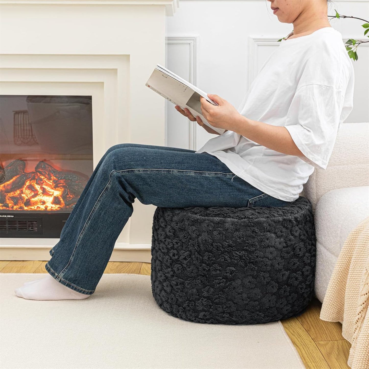 Stuffed Pouf Ottoman Comfy Floral Ottoman Foot Rest for Living Room Bedroom Kids Room Charm Floor Pouf for Home Decor Full Foam Filling Foot Rest for Couch (Dark Gray)