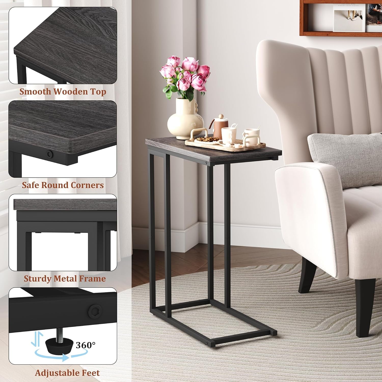 Narrow C Shaped End Table - Space-Saving Side Table for Living Room, Bedroom, Sofa Small Spaces, Oak