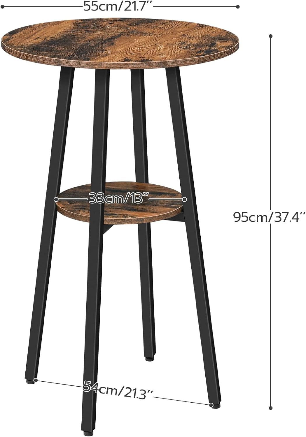 Bar Table, round 2-Tier Bistro Table with Storage, 95 Cm High Top for Small Spaces and Kitchen, Top Particleboard, Easy to Assemble, Rustic Brown BF55BT01