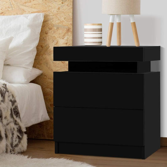 Bedside Table Black with 2 Drawers and Lift up Storage Nightstand, Bedroom Living Room Home Furniture, Bed End Side Cabinet Narrow Space Organiser Unit