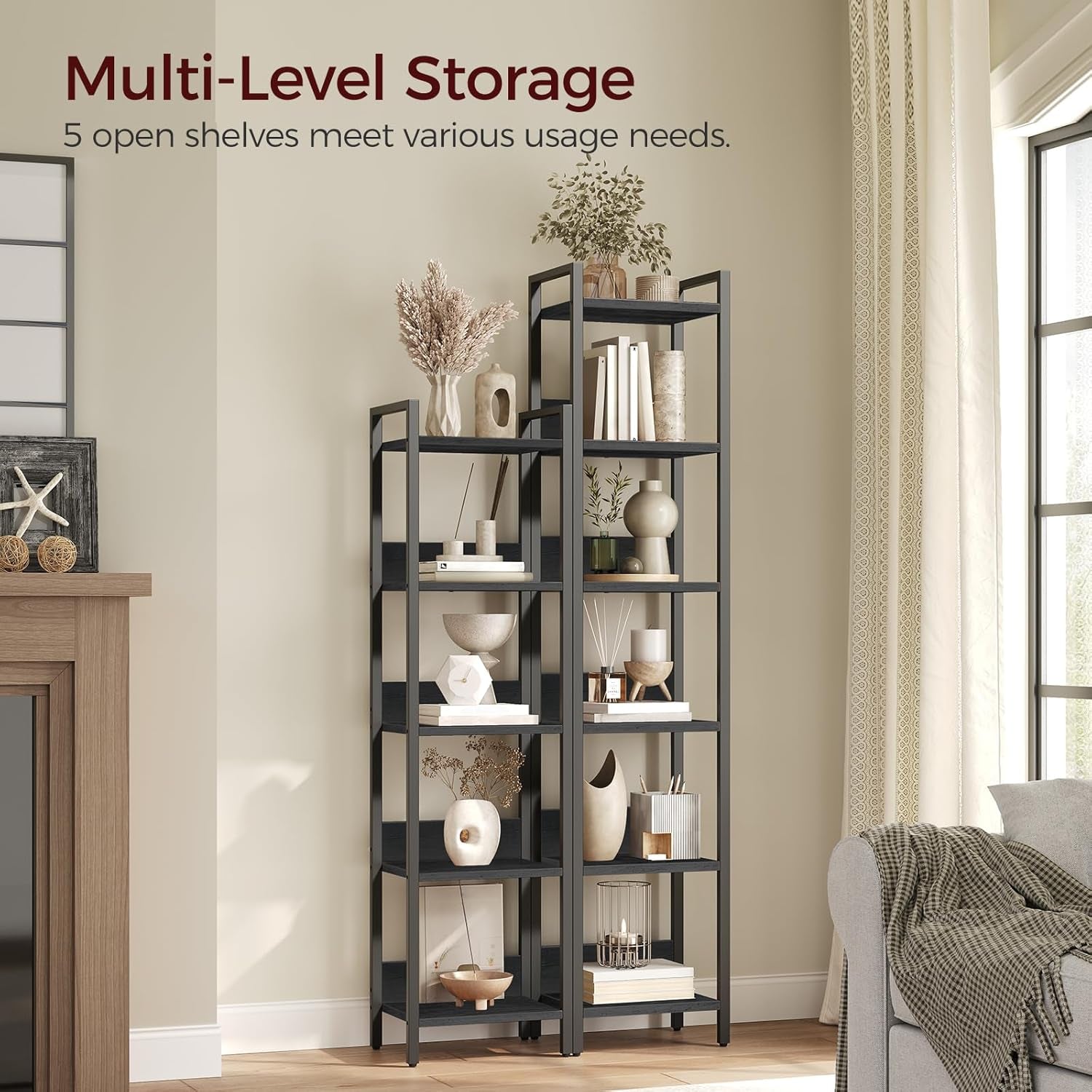 Bookshelf, 5-Tier Bookcase, Standing Book Shelf for Small Space, Storage Shelf Organizer, for Living Room, Bedroom, Study, Balcony, Black BKHB5501