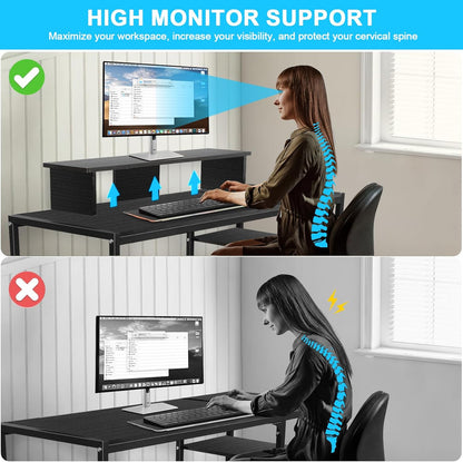 Computer Desk with Reversible Storage Shelves, 100 * 45 * 76Cm, Corner Desk with Monitor Stand, Home Office Desk, Modern Simple Writing Table for Office Bedroom Study (Black)