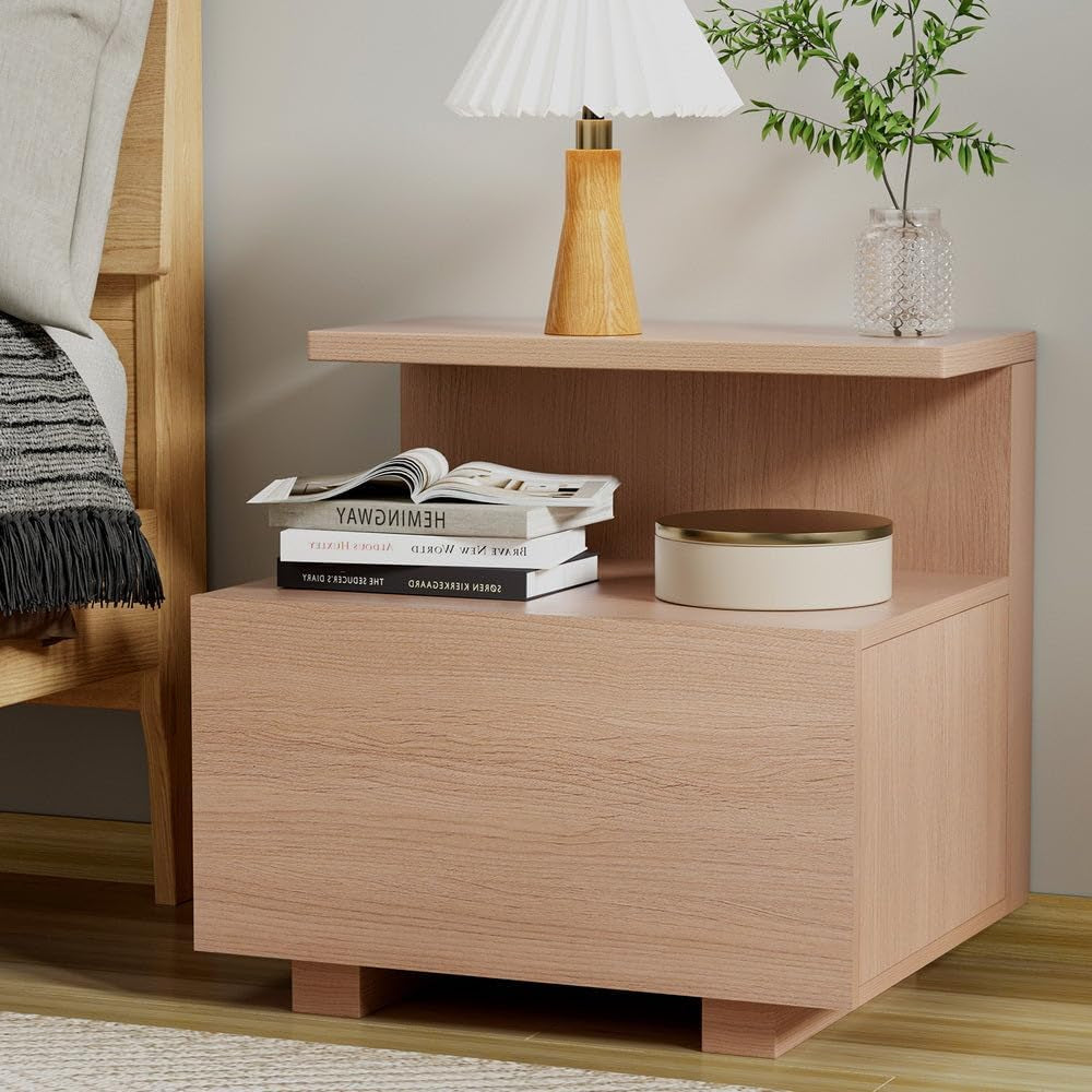 Bedside Table with Drawer, Wooden Bed Side Tables Storage Chest of Drawer Dresser Nightstand Stand Cabinet, Bedroom Living Room Home Furniture Organiser, with Open Shelf Pine