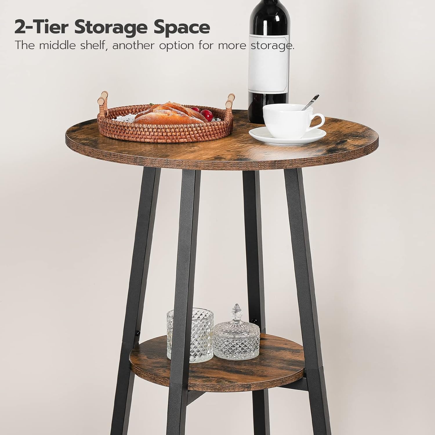 Bar Table, round 2-Tier Bistro Table with Storage, 95 Cm High Top for Small Spaces and Kitchen, Top Particleboard, Easy to Assemble, Rustic Brown BF55BT01