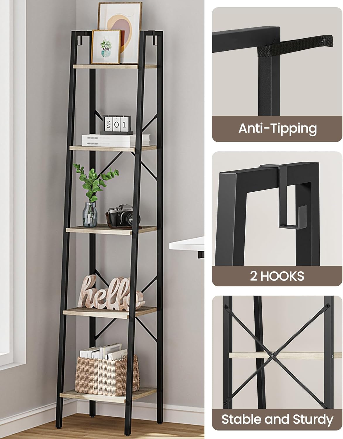 Ladder Shelf, Bookshelf Bookcase, Freestanding Corner Storage Shelve with 2 Hooks for Home Office, Living Room, Kitchen, Bedroom, Industrial, 5-Tier Greige BC03205B