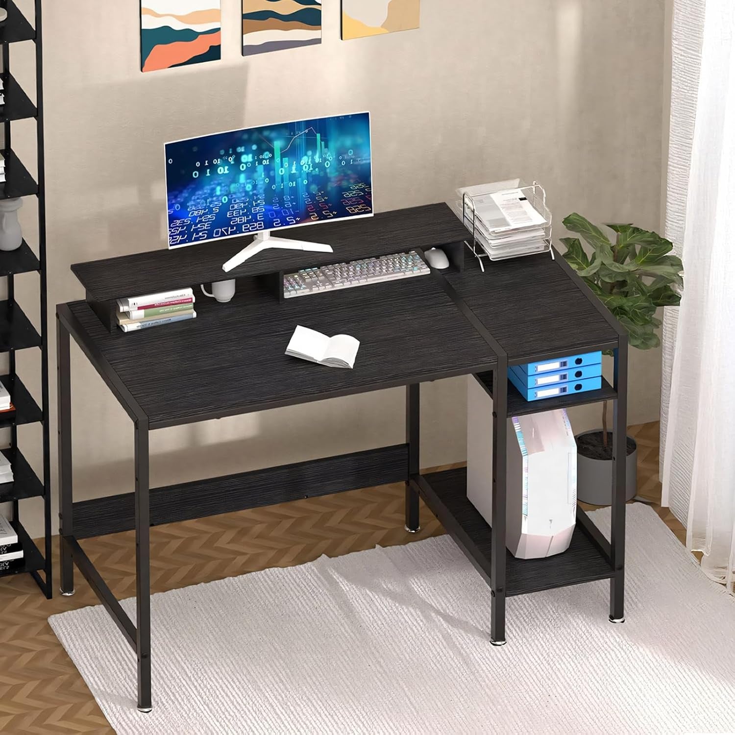 Computer Desk with Reversible Storage Shelves, 100 * 45 * 76Cm, Corner Desk with Monitor Stand, Home Office Desk, Modern Simple Writing Table for Office Bedroom Study (Black)