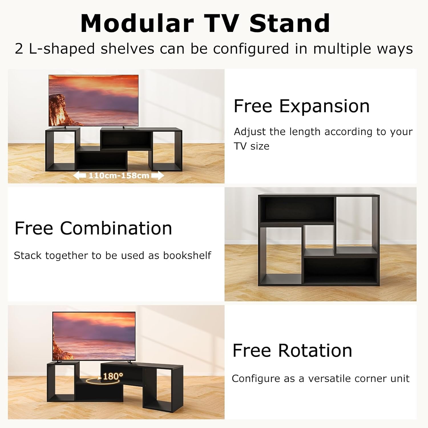 Wood TV Stands, 2 PCS TV Console Cabinets for Tvs up to 55 Inches, TV Table Display Stand for Free Combination and Expansion Home Living Room Furniture (Black)
