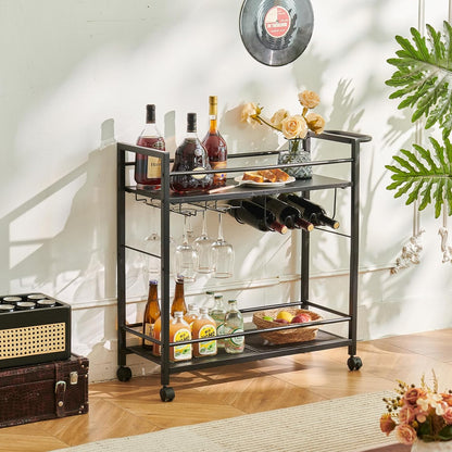 Black Bar Trolley with Wheels, Modern Bar Cart with Storage Space, Wine Trolley with Wine Rack and Wine Glass Holder for Kitchen, Living Room & Dining Room