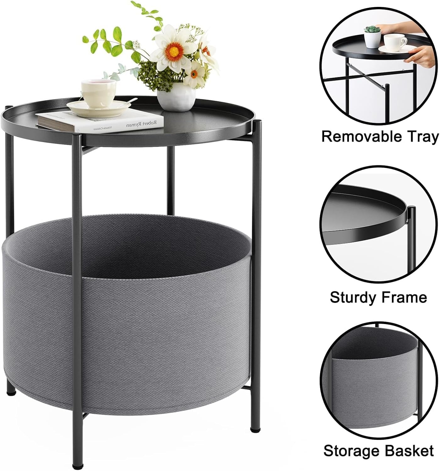 End Tables with Fabric Storage Basket, round Sidetables Bedroom, Lamp Table, Spacious Metal Small Bedside Table Nightstand with Removable Tray for Living Room, Nursery, Laundry