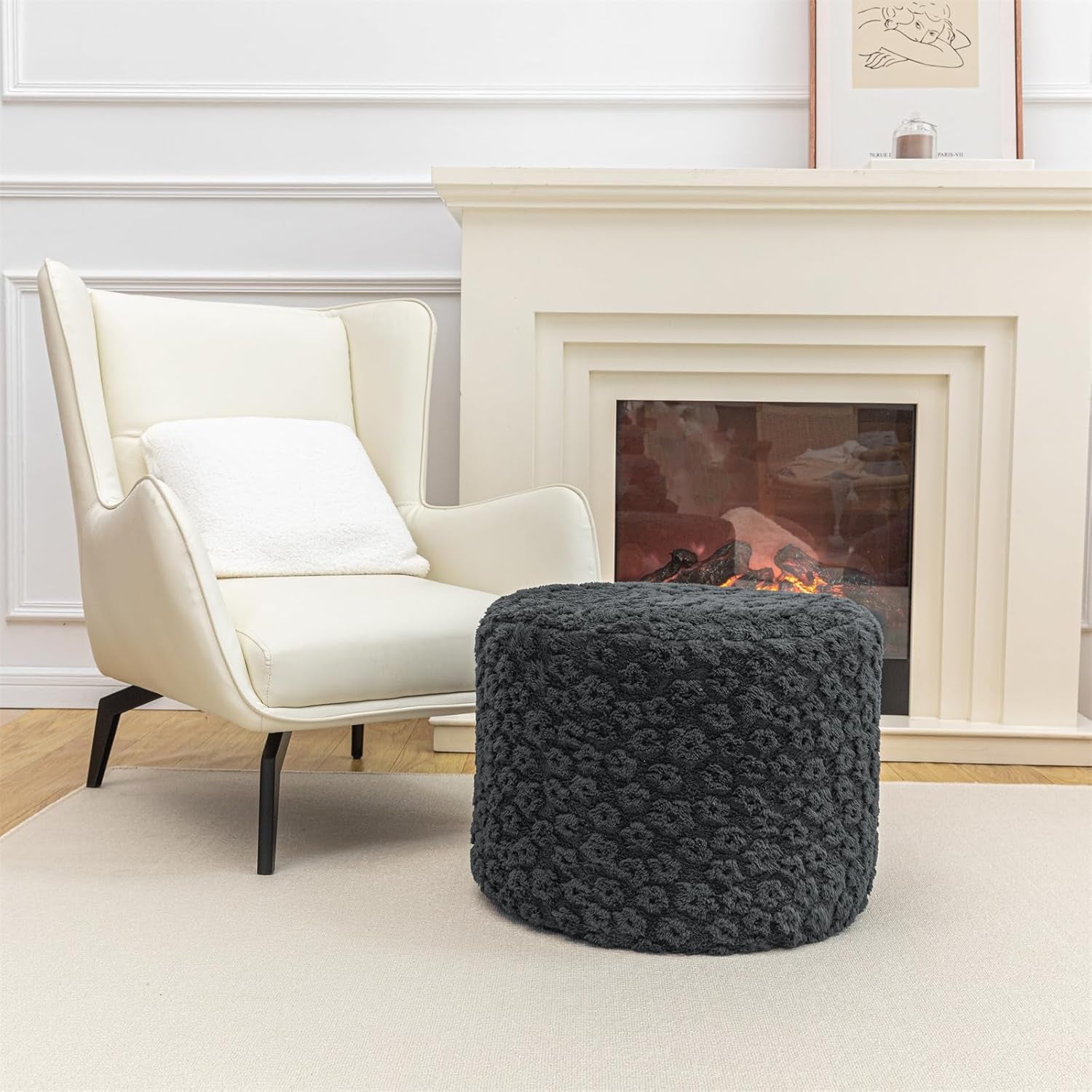 Stuffed Pouf Ottoman Comfy Floral Ottoman Foot Rest for Living Room Bedroom Kids Room Charm Floor Pouf for Home Decor Full Foam Filling Foot Rest for Couch (Dark Gray)