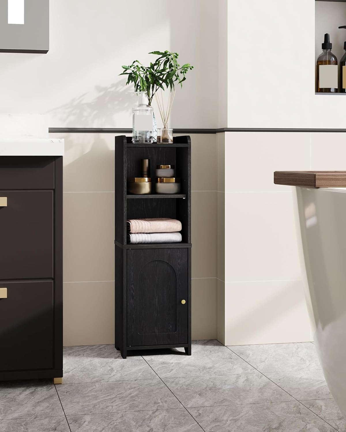Bathroom Storage Cabinet, Corner Floor Cabinet with Doors and Adjustable Shelf, Narrow Toilet Paper Cabinets, Bathroom Organizer for Small Spaces, Black BC39704X