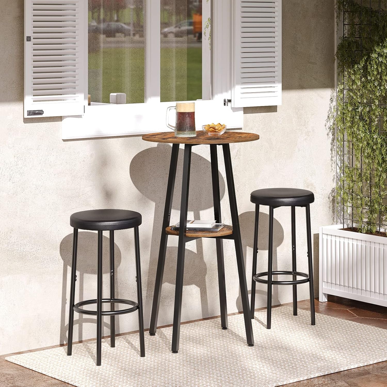 Bar Table, round 2-Tier Bistro Table with Storage, 95 Cm High Top for Small Spaces and Kitchen, Top Particleboard, Easy to Assemble, Rustic Brown BF55BT01