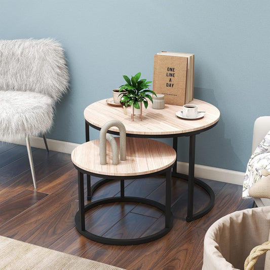 round Nesting Coffee Table Modern Furniture Nesting Side Set of 2 Stacking Side Tea Table End Table for Living Room Balcony Office with Sturdy Metal Frame, Easy Assembly