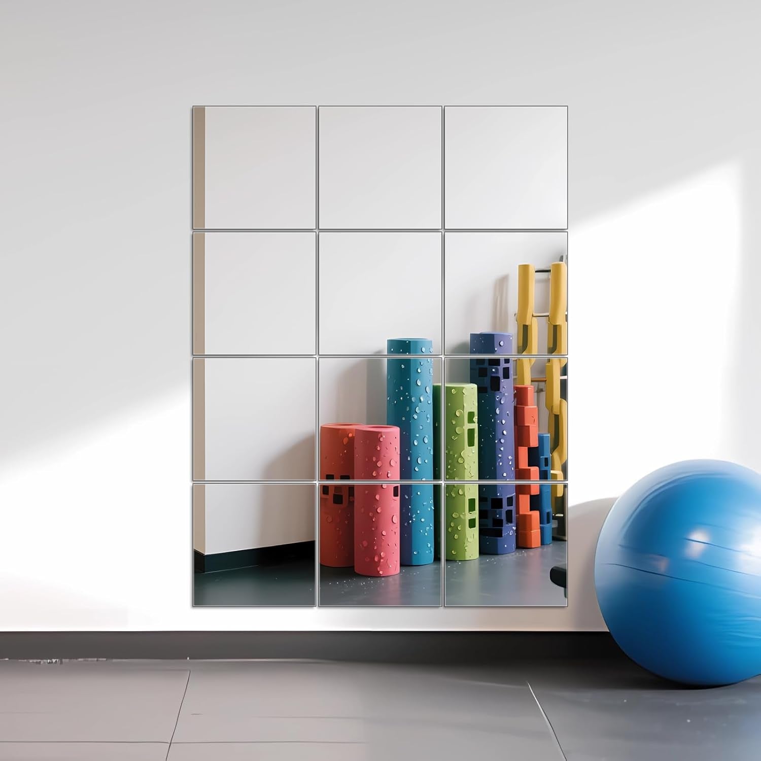 Gym Mirrors 12 Inch X 12Pcs Wall Mounted Mirror Glass Frameless Full Length Mirror Tiles for Home Gym, Bedroom, Door & Bathroom