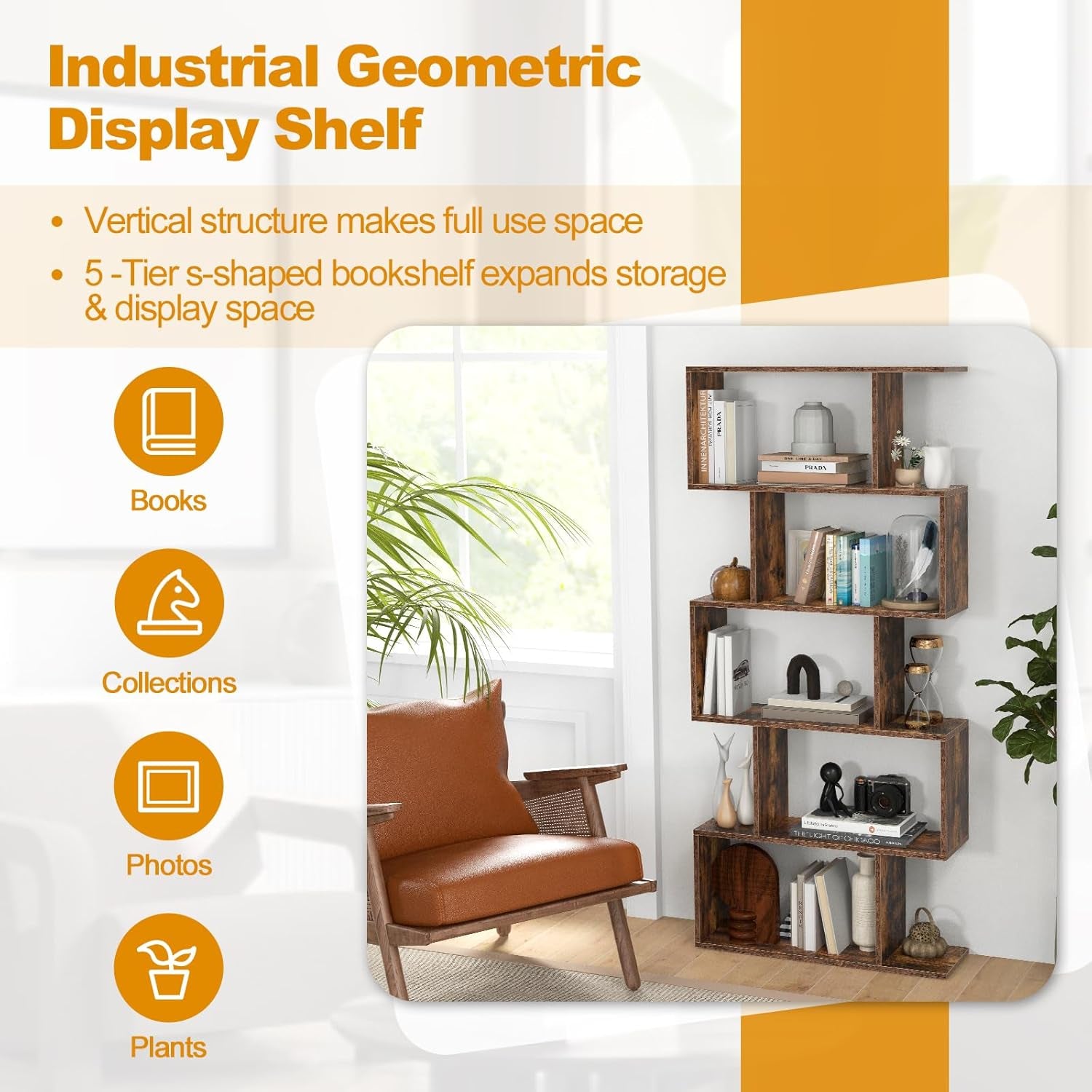 5-Tier Bookshelf, Geometric S-Shaped Bookcase W/Anti-Toppling Device, Freestanding Industrial Decorative Display Shelf, Storage Shelving for Living Room Home Office (Rustic Brown)