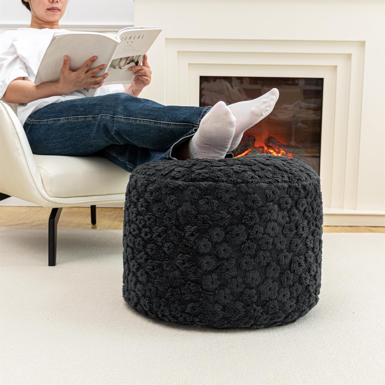 Stuffed Pouf Ottoman Comfy Floral Ottoman Foot Rest for Living Room Bedroom Kids Room Charm Floor Pouf for Home Decor Full Foam Filling Foot Rest for Couch (Dark Gray)