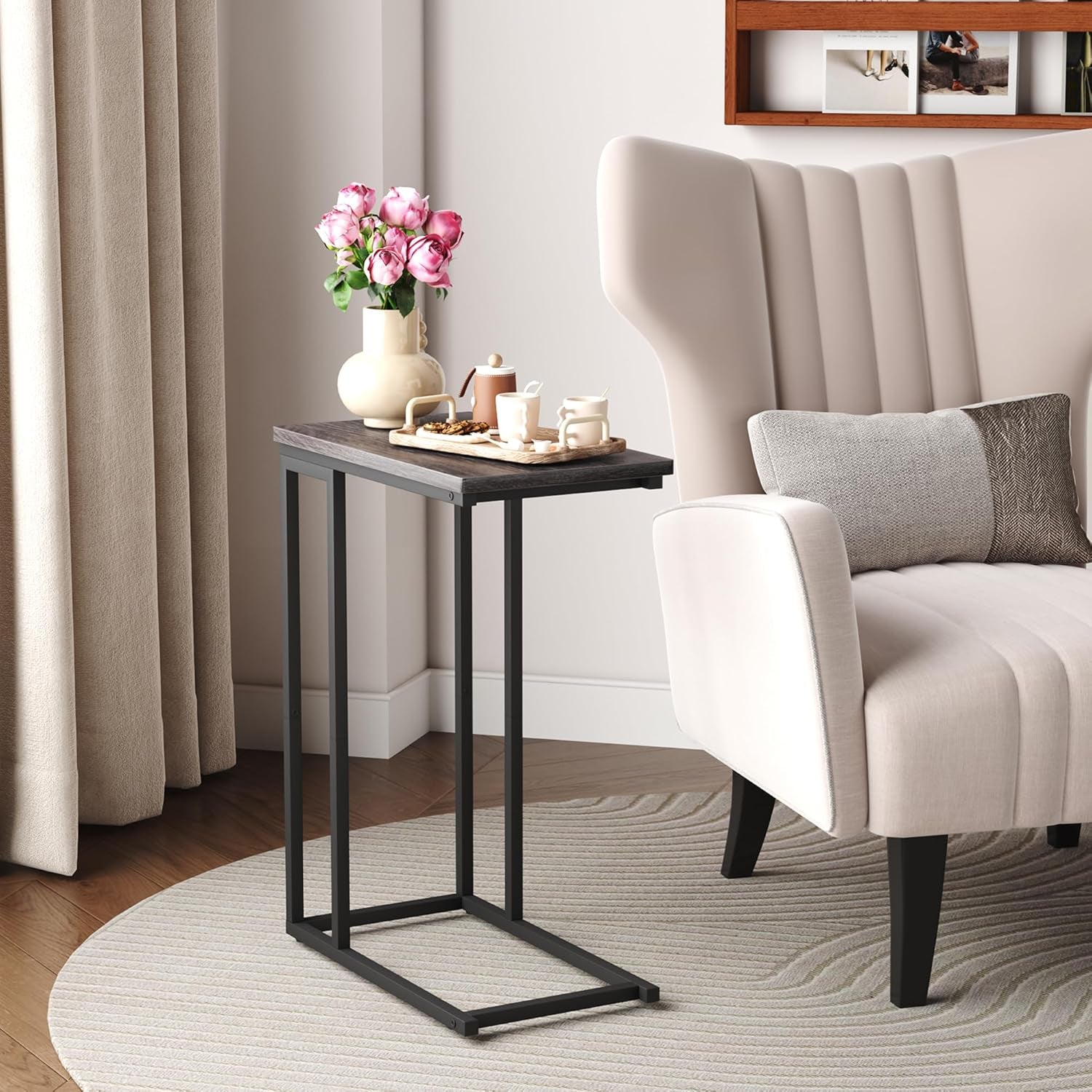 Narrow C Shaped End Table - Space-Saving Side Table for Living Room, Bedroom, Sofa Small Spaces, Oak