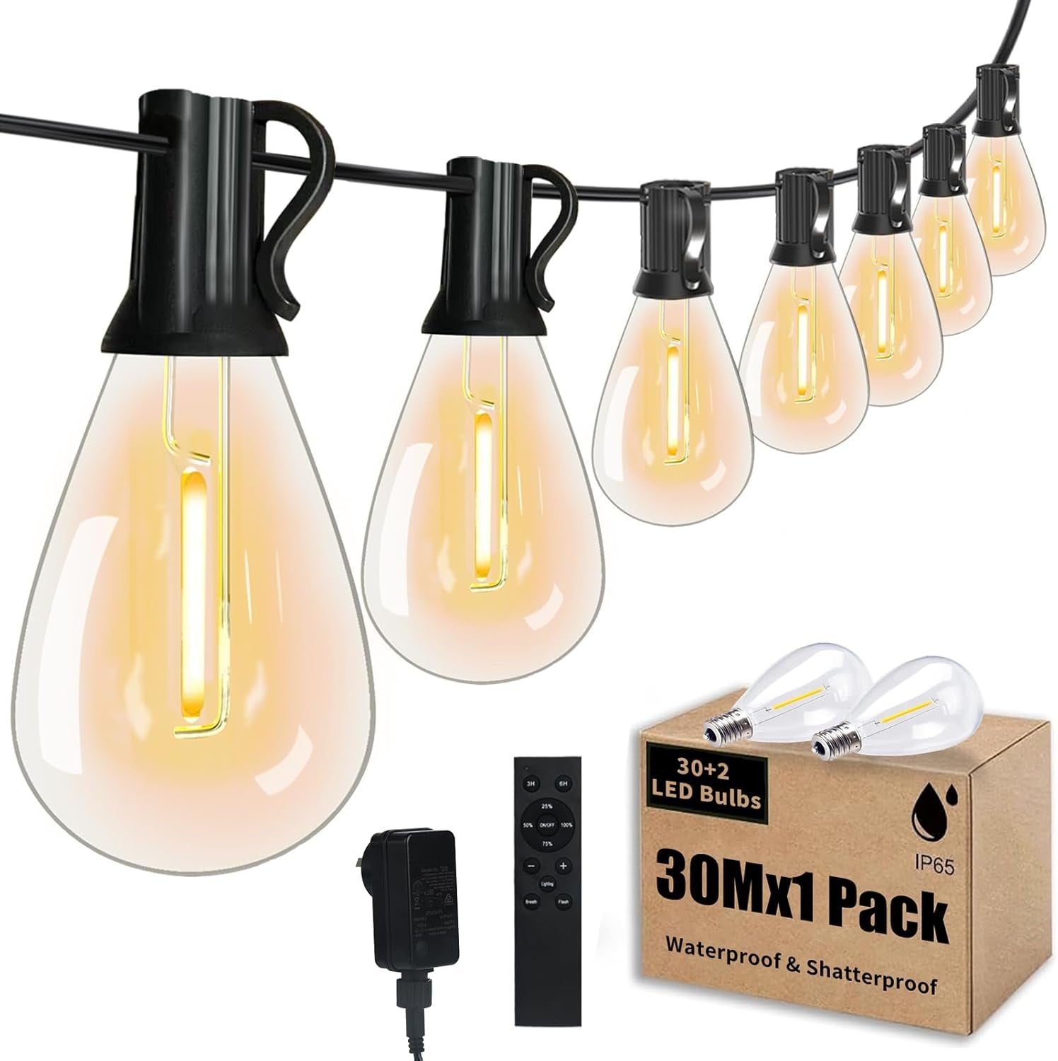 Festoon Lights Outdoor with Remote,Dimmable,Timing, 30M Waterproof &Shatterproof Outdoor String Lights 30+2 S11 LED Bulbs,3 Light Modes 2700K Fairy Light for Wedding,Party,Patio,Backyard