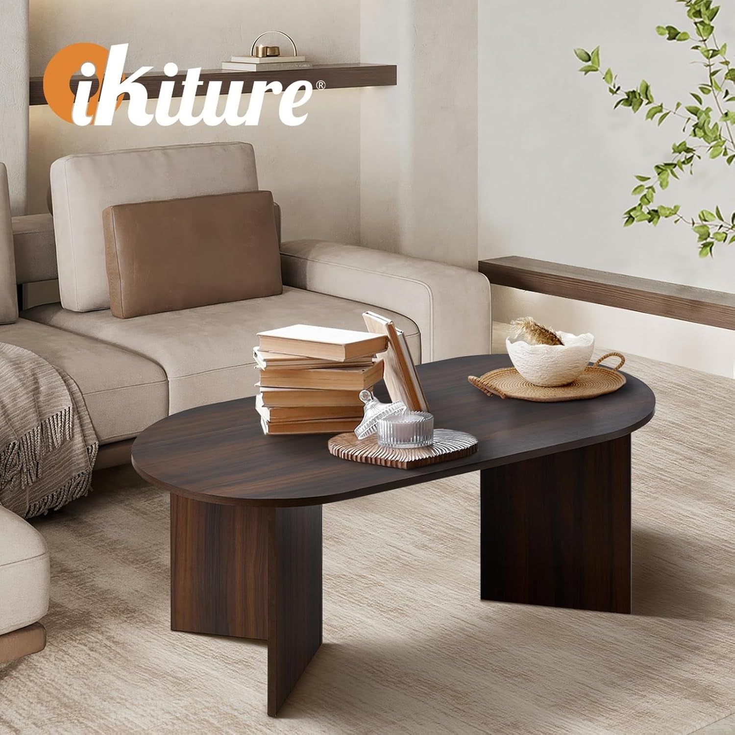 Oval Coffee Table Sofa End Table - Walnut Timber Finish Side Cafe Desk Living Room Accent Table Small Space Furniture Easy Assembly