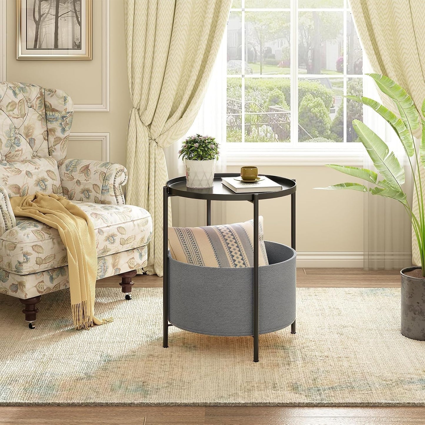 End Tables with Fabric Storage Basket, round Sidetables Bedroom, Lamp Table, Spacious Metal Small Bedside Table Nightstand with Removable Tray for Living Room, Nursery, Laundry