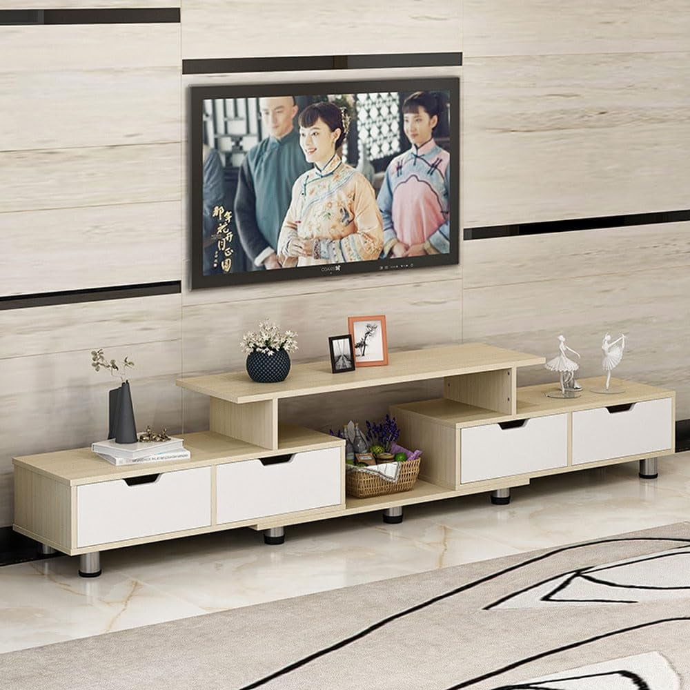 TV Cabinet Stands Multimedia Centres Extendable Storage Shelf Organiser Cupboard Home Living Room Bedroom Furniture,With 4 Drawer Khaki White