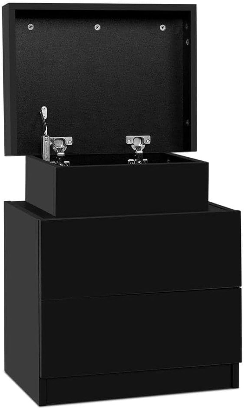 Bedside Table Black with 2 Drawers and Lift up Storage Nightstand, Bedroom Living Room Home Furniture, Bed End Side Cabinet Narrow Space Organiser Unit