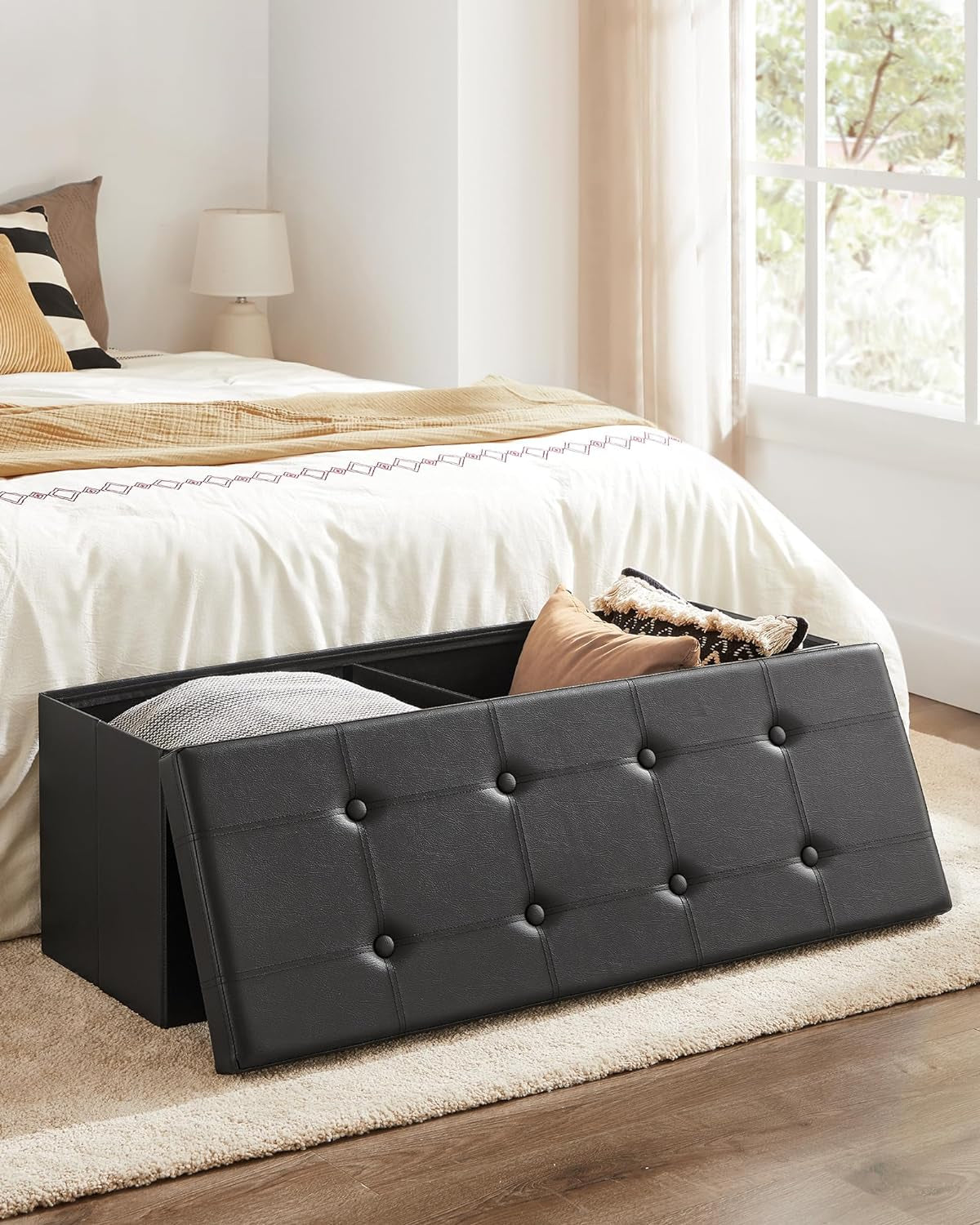 43 Inches Folding Storage Ottoman Bench, Storage Chest, Footrest, Coffee Table, Padded Seat, Faux Leather, Holds up to 660 Lb, Black ULSF701